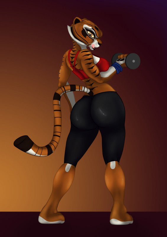 anthro big_butt biped black_bottomwear black_clothing black_pants bottomwear bra breasts butt clothed clothing dumbbell exercise female fur licking looking_at_viewer looking_back multicolored_body multicolored_fur nipple_outline open_mouth pants simple_background solo sports_bra standing stripes sweatband teeth tongue tongue_out underwear weightlifting weights workout yoga_pants astraldog dreamworks kung_fu_panda master_tigress felid mammal pantherine tiger absurd_res digital_media_(artwork) hi_res