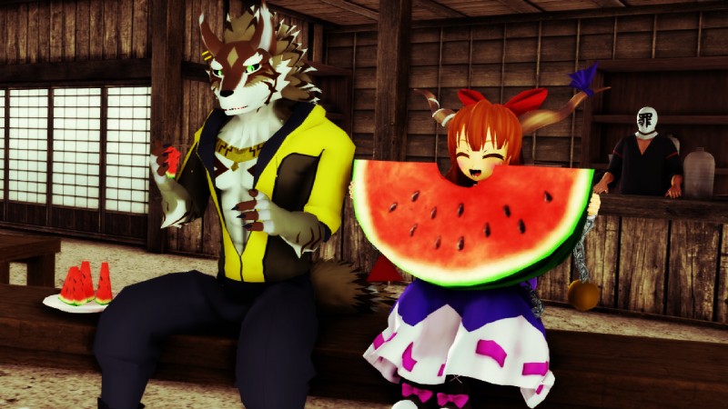 anthro black_nose blush brown_hair chain claws clothed clothing countershading eating female food fruit green_eyes group hair male melon muscular muscular_male open_mouth plant ribbons sitting smile teeth trio watermelon malicekira asian_mythology east_asian_mythology japanese_mythology lifewonders mythology tokyo_afterschool_summoners touhou seth_(tas) sin_sack suika_ibuki canid canine canis demon humanoid mammal oni wolf yokai 16:9 2018 3d_(artwork) crossover digital_media_(artwork) mikumikudance_(artwork) widescreen