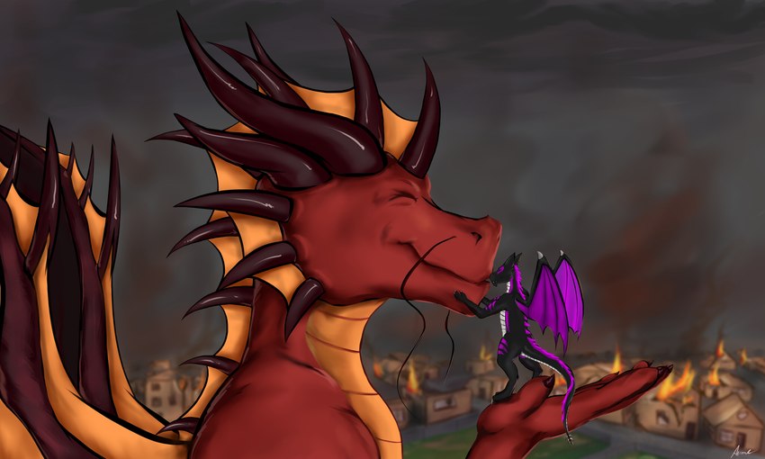 anthro black_body black_skin building claws destruction eyes_closed fire grin horn house kissing macro purple_wings size_difference smile town wings yellow_body yellow_skin arcwolfdragon mythology dragon mythological_creature mythological_scalie scalie 5:3 absurd_res hi_res