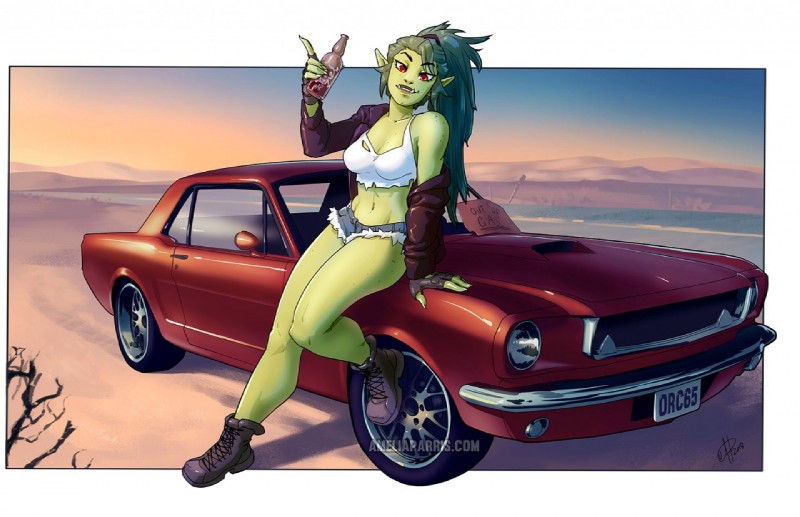 alcohol alternative_fashion beer beverage bottomwear breasts car clothed clothing crop_top daisy_dukes denim denim_bottomwear denim_clothing denim_shorts desert female green_body green_skin hair hotpants midriff minishorts navel not_furry on_hood outside pose punk shirt shorts solo tank_top topwear vehicle ailaanne ford ford_mustang humanoid orc pinup