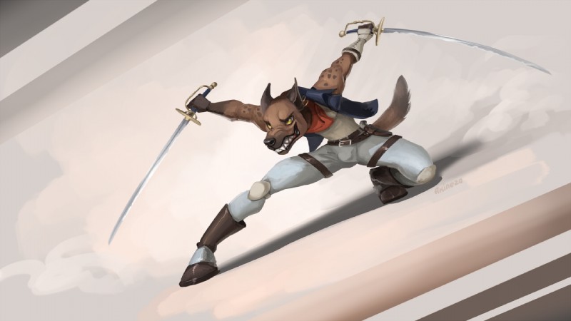 anthro detailed_background dual_wielding holding_melee_weapon holding_object holding_sword holding_weapon karambit male melee_weapon sheathed_knife sheathed_weapon smallsword smile solo standing sword teeth weapon yellow_eyes akineza canid canine canis domestic_dog mammal 16:9 2019 digital_media_(artwork) widescreen