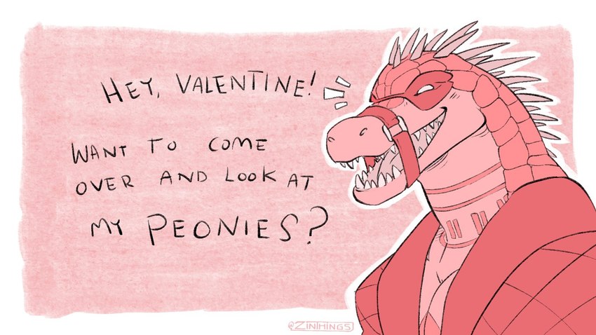 anthro clothing fangs holidays innuendo male mask mouth_strap open_mouth smile solo spikes tattoo teeth text tongue valentine's_day_card zinthings dislyte lilith_games valentine's_day daylon_(dislyte) crocodile crocodilian reptile scalie english_text