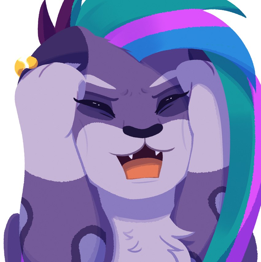 blue_hair ear_piercing eyes_closed fangs female feral fur green_hair hair hand_on_head open_mouth paws_on_head piercing purple_body purple_fur purple_hair simple_background teeth white_background marenlicious hasbro mlp_g5 my_little_pony allura_(mlp) felid mammal pantherine snow_leopard hi_res