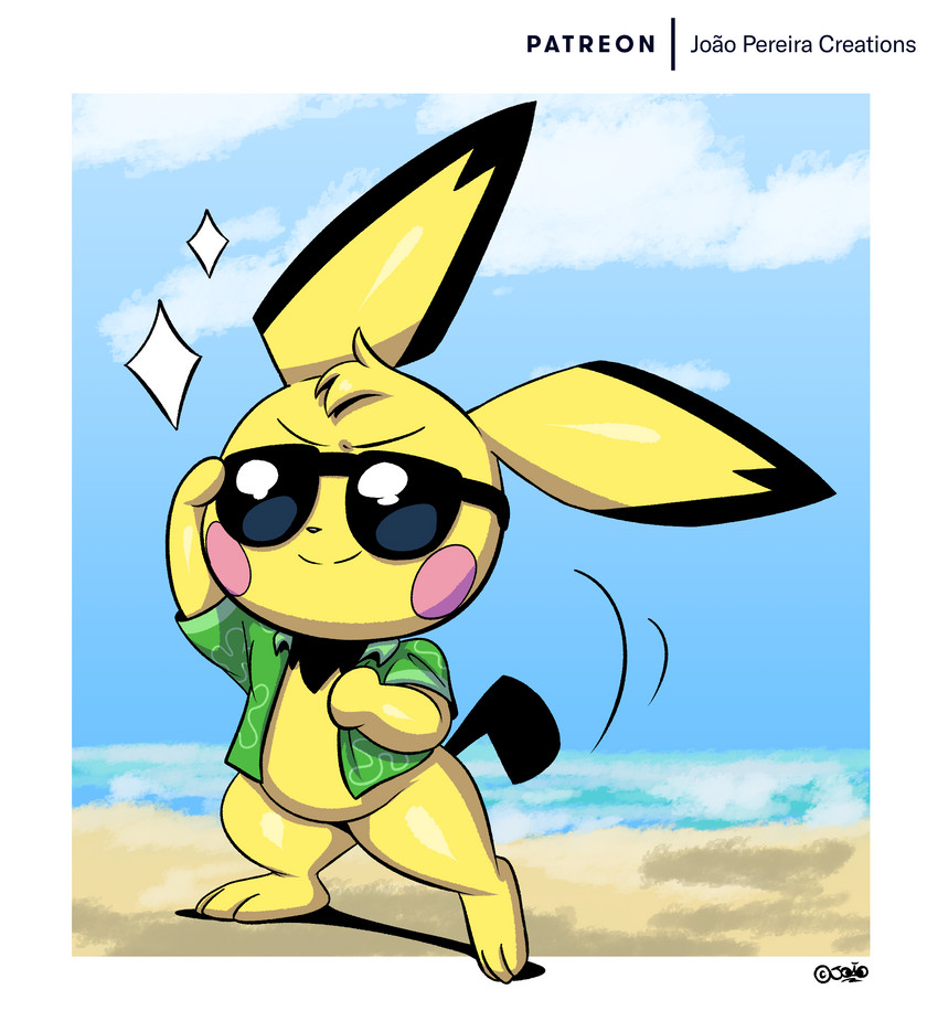 anthro beach bottomless clothed clothing eyewear fur long_ears male open_clothing open_shirt open_topwear rosy_cheeks sea seaside semi-anthro shirt simple_background sky slightly_chubby smile solo sparkles standing sunglasses swag topwear water yellow_body yellow_fur joaoppereiraus nintendo pokemon leroy_(joaoppereiraus) generation_2_pokemon pichu pokemon_(species) hi_res