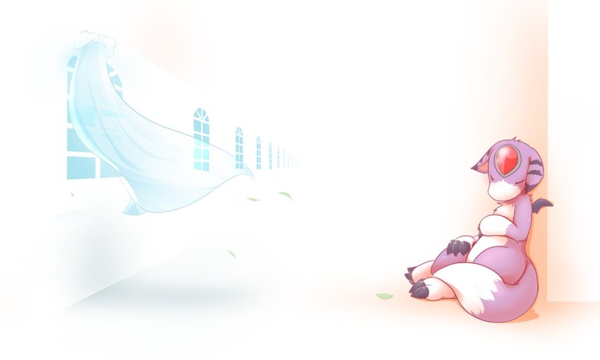 ambiguous_gender black_body black_fur black_skin black_stripes black_wings claws curtains detailed_background eyes_closed feral fluffy fluffy_tail forehead_gem fox_tail from_front_position fur gem inside kemono leaf membrane_(anatomy) membranous_wings nude purple_body purple_fur purple_skin sitting sleeping small_wings solo stripes tail white_body white_fur white_skin window wings dolpix bandai_namco digimon mythology digimon_(species) dorumon dragon furred_dragon furred_scalie mythological_creature mythological_scalie scalie x-digimon hi_res