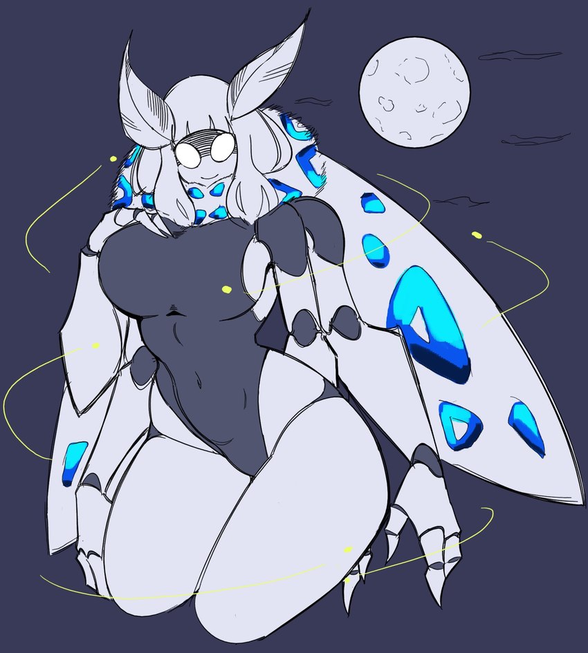 4_arms antennae_(anatomy) anthro big_breasts blue_markings breasts curvy_female curvy_figure empty_eyes female fingers front_view full_moon grey_body hair looking_at_viewer markings monster_girl_(genre) moon mouth_closed multi_arm multi_limb navel_outline non-mammal_breasts noseless simple_background small_waist smile solo thick_thighs white_body white_hair wings chef_(artist) leopard_moth_(chef033) arthropod giant_leopard_moth insect lepidopteran moth tiger_moth 2021 colored digital_drawing_(artwork) digital_media_(artwork) hi_res portrait three-quarter_portrait