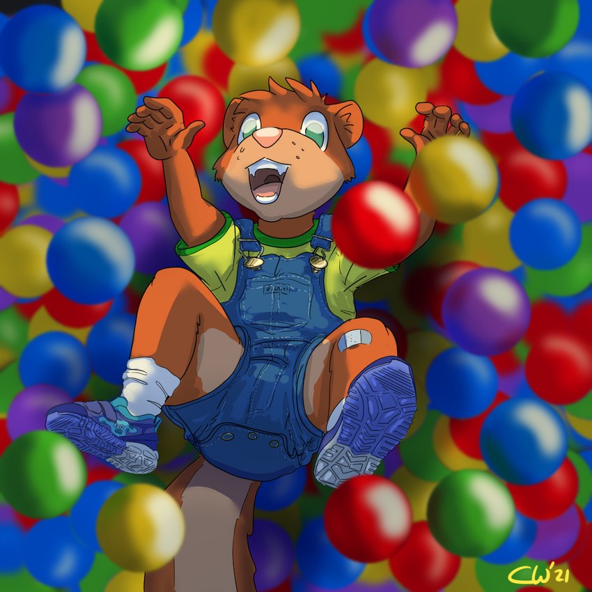 ageplay anthro ball_pit clean_diaper clothed clothing diaper diaper_bulge diaper_under_clothing footwear giggling infantilism joyful jumping male overalls roleplay shoes shortalls sneakers solo wearing_diaper young young_anthro cargoweasel cargoweasel_(character) mammal mustelid musteline true_musteline weasel 1:1 hi_res