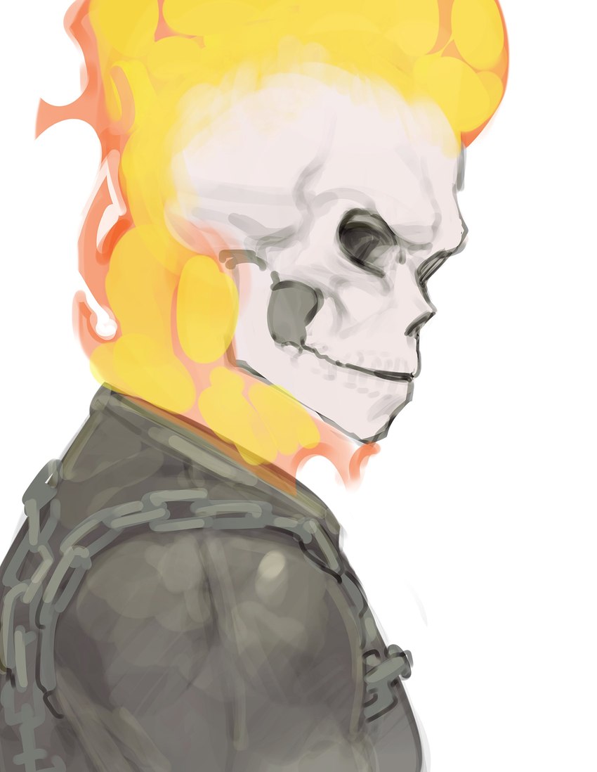 bone chain clothed clothing fire fully_clothed jacket male not_furry simple_background skeleton skull solo teeth topwear white_background white_body kogito marvel ghost_rider animated_skeleton elemental_creature elemental_humanoid fire_creature fire_humanoid humanoid undead 2023 absurd_res bust_portrait digital_media_(artwork) hi_res portrait