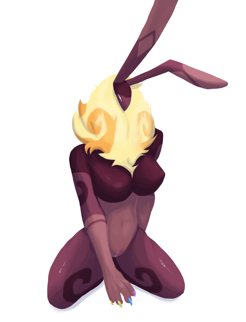 anthro breasts dark_body dark_fur female fur genitals pose purple_body purple_fur pussy solo yellow_body yellow_fur saulgreatman creatures_of_sonaria roblox scrambler lagomorph mammal vorpalus hi_res pinup