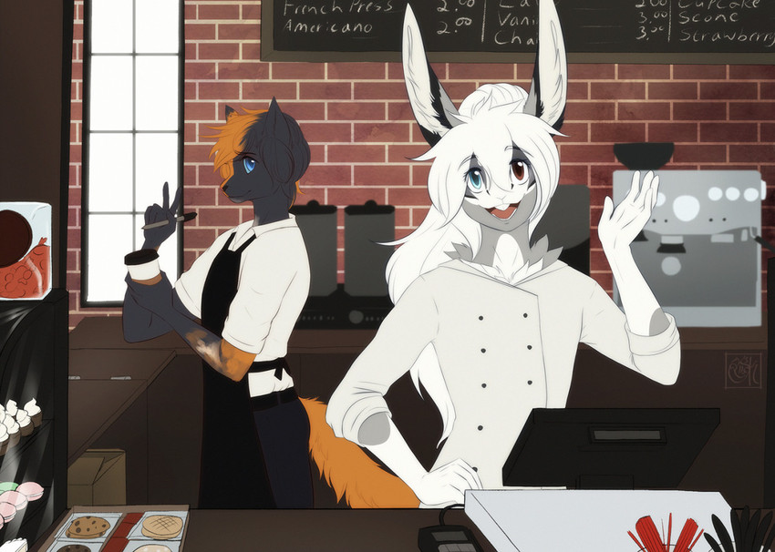 5_fingers anthro clothed clothing duo fingers hair heterochromia male open_mouth smile teeth tongue white_hair silvyr felid mammal 2020 digital_media_(artwork)