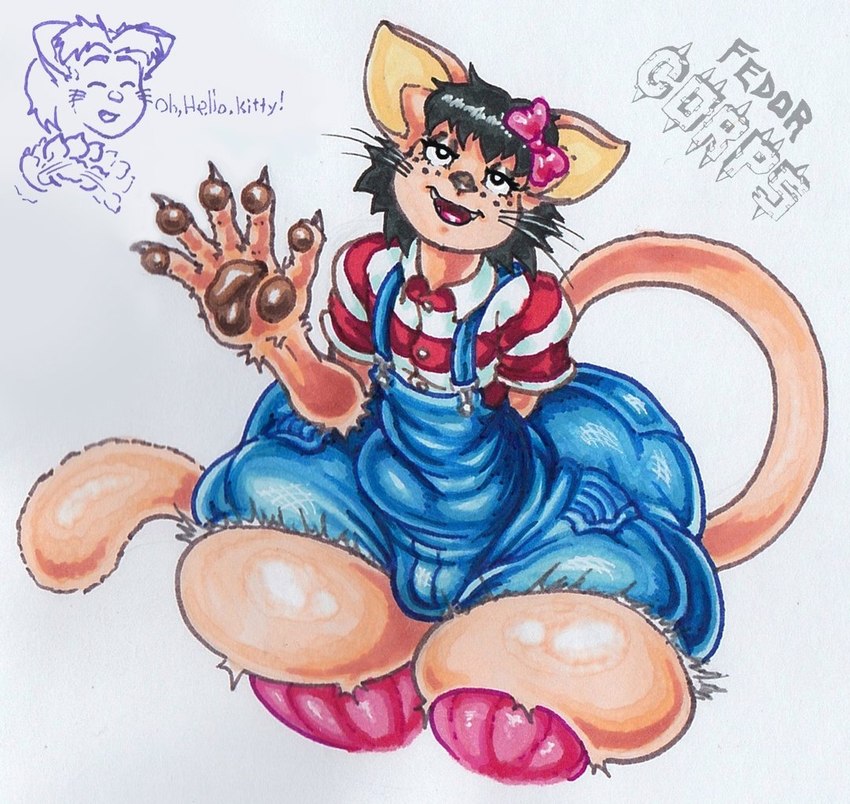 anthro big_butt brown_pawpads bulge butt cat_tail clothing gesture huge_butt huge_hips legwear male overalls pawpads pink_bow smile solo stripes thick_thighs thigh_highs tight_clothing waving waving_at_viewer whiskers wide_hips the_fedor_corpse toriyasu_(catnapped) domestic_cat felid feline felis mammal