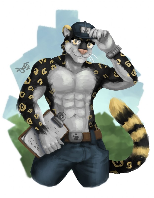 abs anthro biped bulge clothed clothing eyewear glasses hat headgear headwear looking_at_viewer male muscular muscular_anthro muscular_male navel outside smile solo standing dognextdoor felid jaguar mammal pantherine hi_res