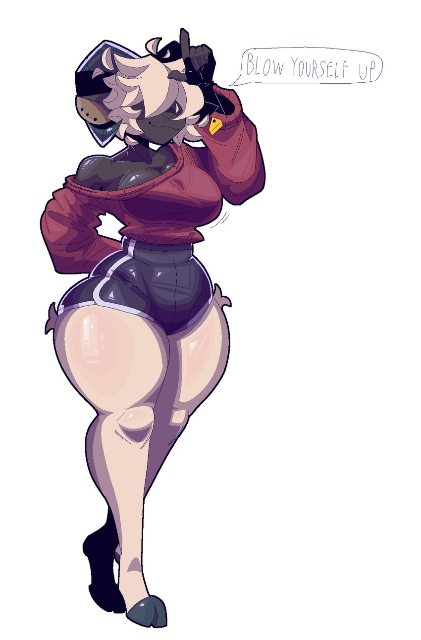 anthro bangs belly big_breasts bottomwear boxers_(clothing) breasts clothing dolphin_shorts female hair hair_over_eyes hooves horn hotpants insult insulting_viewer shorts smile solo sweater thick_thighs topwear underwear wide_hips xexeezy ines_(xexeezy) bovid caprine mammal sheep hi_res unavailable_at_source