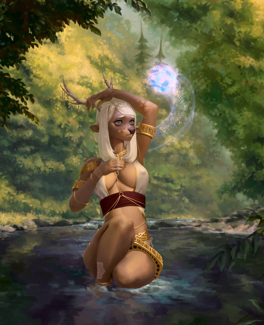 anthro antlers armlet biped blue_eyes breasts chain cheek_piercing cleavage clothed clothing dahliabite_piercing detailed_background female forest fully_clothed fur gorget grey_hair grotto hair horn jewelry midriff navel piercing plant pond sitting smile solo tree white_hair wide_hips botak ohiri deer deity fairy mammal will-o'-the-wisp 2018 absurd_res detailed digital_media_(artwork) hi_res