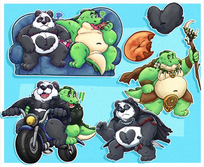 anthro belly big_belly black_body black_nose cloak clothing dessert doughnut duo exclamation_point food green_body male motorcycle overweight overweight_male pastry question_mark sitting vehicle weapon white_body 06junior11 bear crocodile crocodilian giant_panda mammal reptile scalie 2024 hi_res