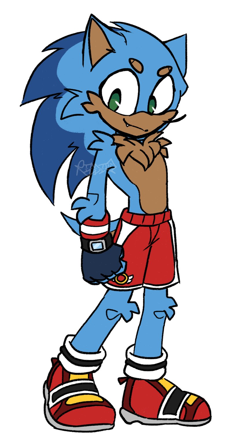 anthro blue_body blue_fur blue_quills bottomwear clothing fingerless_gloves footwear fur gloves green_eyes handwear male navy_gloves red_bottomwear red_clothing red_footwear red_shoes red_shorts running_shoes shoes shorts tan_body tan_fur ghostie-teeth-art sega sonic_the_hedgehog_(series) sawnyk_quillsby sonic_the_hedgehog eulipotyphlan hedgehog mammal hi_res