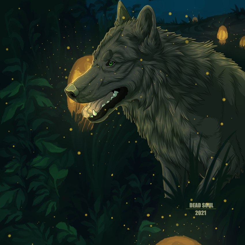 ambiguous_gender black_lips fangs feral fur grass green_eyes grey_body grey_fur lips night open_mouth outside plant side_view sky solo teeth text msdeadsoul canid canine mammal 1:1 2021 artist_name dated english_text hi_res