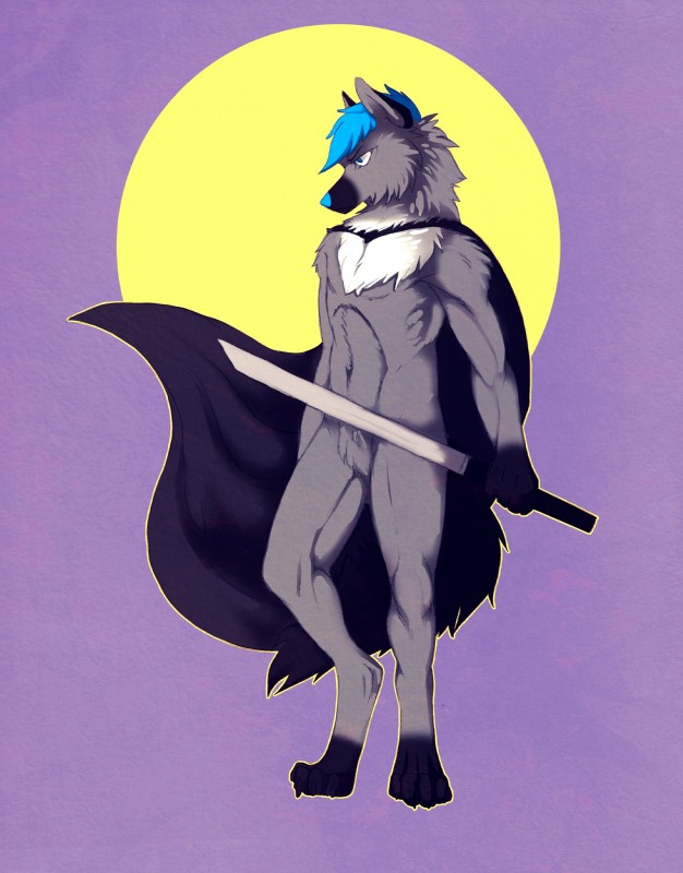 anthro cape clothing holding_melee_weapon holding_object holding_sword holding_weapon male melee_weapon solo sword weapon grender jerome_blaze canid canine canis mammal wolf absurd_res hi_res