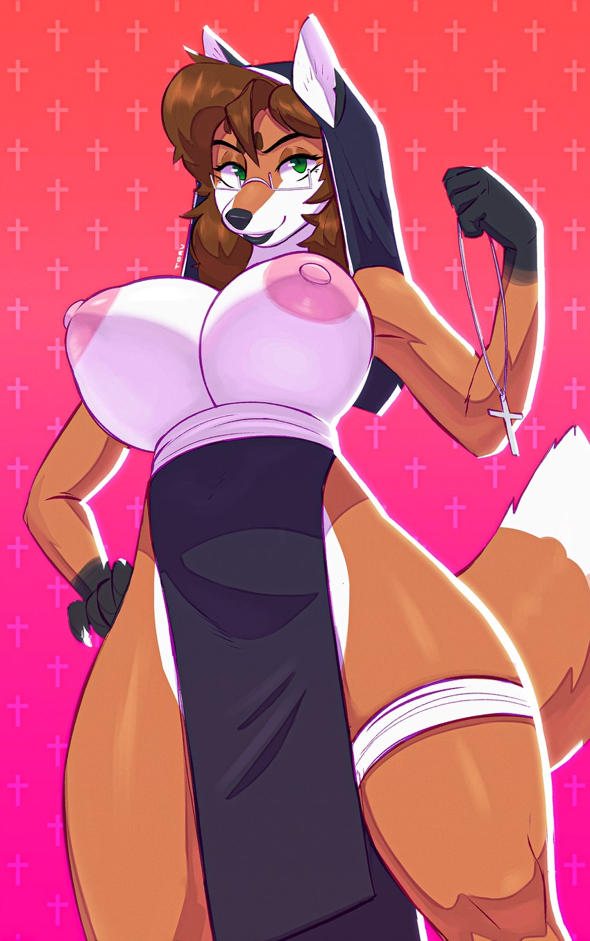 anthro clothed clothing crucifix eyewear female glasses nun nun_outfit solo topless topless_female wearing_glasses torou cassie_(foxydude) canid canine fox mammal absurd_res hi_res