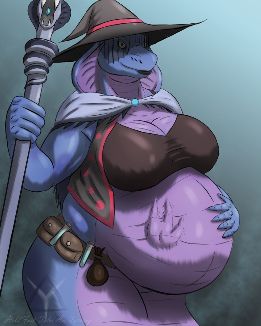 after_vore anthro apode belly big_belly big_breasts bottomless bra breasts cloak clothed clothing female fetal_movement hand_print hat headgear headwear legless magic_user possession pregnant pregnant_anthro pregnant_female serpentine staff top_hat underwear vore covenant_(artist) frea_crescent_(covenant) draconcopode naga reptile scalie snake 4:5 hi_res