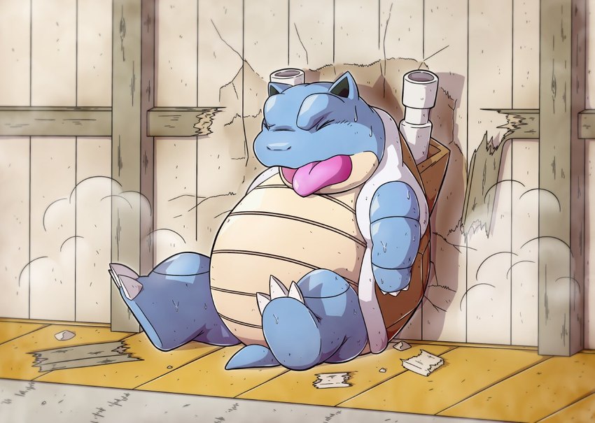 anthro biped blue_body detailed_background eyes_closed kemono overweight sitting solo tongue tongue_out unagi_bukuro nintendo pokemon blastoise generation_1_pokemon pokemon_(species) 2021