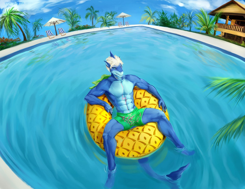 anthro athletic athletic_anthro athletic_male clothing inflatable latex male muscular palm_tree plant smile solo swimming_pool swimming_trunks swimwear tree dimonis julius_sanegawa_(wildforesty) fish marine shark 2019 digital_media_(artwork) signature watermark