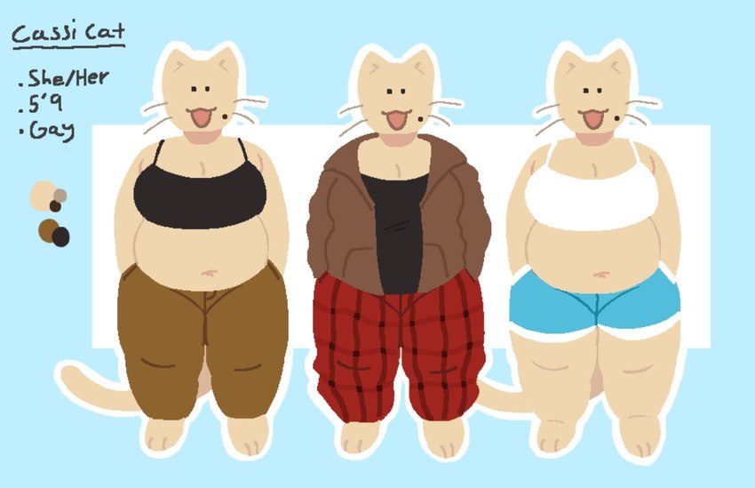 :3 anthro barefoot beady_eyes belly belly_overhang big_belly big_breasts black_bra black_clothing black_shirt black_topwear black_underwear blue_bottomwear blue_clothing blue_shorts bottomwear bra breasts brown_bottomwear brown_clothing brown_hoodie brown_pants brown_topwear cleavage clothed clothing feet female front_view fully_clothed fur hand_in_pocket happy hoodie looking_at_viewer markings mole_(marking) navel open_:3 open_clothing open_hoodie open_mouth open_topwear outline overweight overweight_anthro overweight_female pants pockets pronouns red_bottomwear red_clothing red_pants shirt shorts solo standing tail tan_body tan_fur text topwear underwear whiskers white_bra white_clothing white_outline white_underwear cassicat cassi_cat_(cassicat) domestic_cat felid feline felis mammal 2023 cel_shading digital_media_(artwork) english_text full-length_portrait model_sheet portrait shaded trans_(lore) trans_woman_(lore)