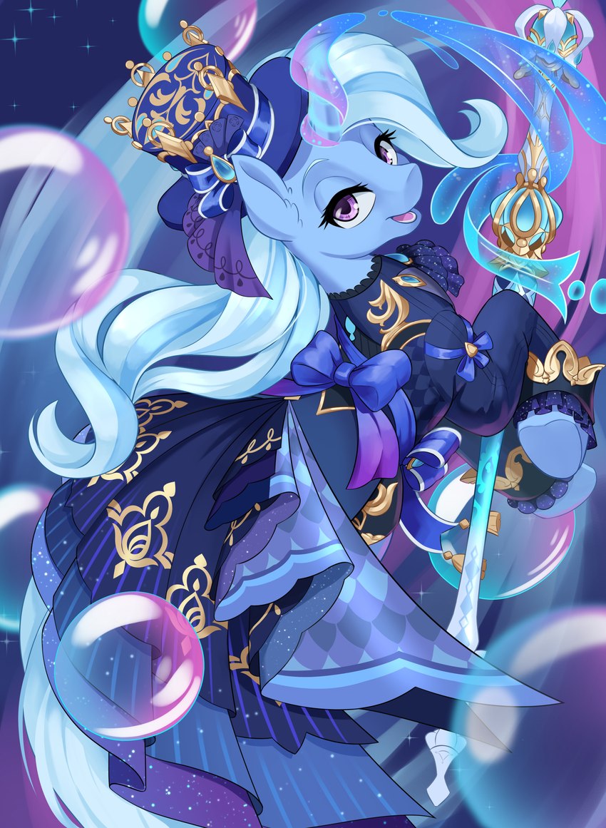 blue_body blue_fur blue_hair bow_(ribbon) bubble clothing female feral fur hair hat headgear headwear horn purple_eyes scepter solo top_hat dstears friendship_is_magic genshin_impact hasbro mihoyo my_little_pony mythology furina_(genshin_impact) trixie_(mlp) equid equine mammal mythological_creature mythological_equine unicorn absurd_res digital_media_(artwork) hi_res