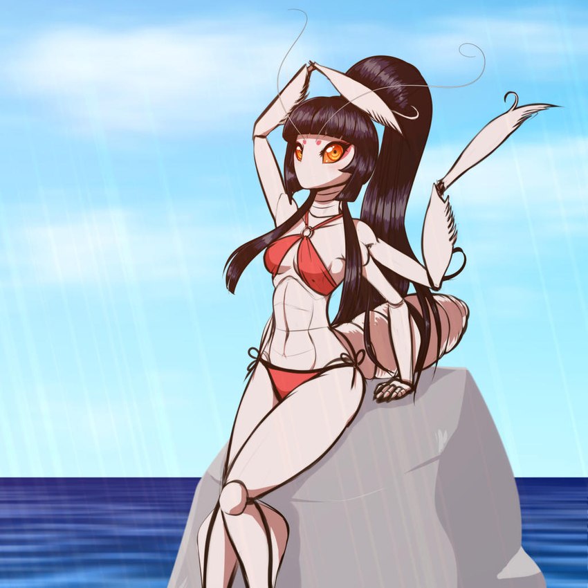 4_arms antennae_(anatomy) anthro arthropod_abdomen bikini bikini_bottom bikini_top boulder clothing cloud day female hair light looking_at_viewer multi_arm multi_limb navel on_rock orange_eyes outside rock sea sky solo sunlight swimwear two-piece_swimsuit water white_body scorpdk nae arthropod insect mantis 1:1