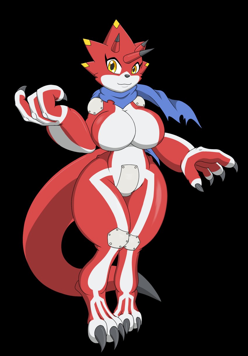 anthro armor big_breasts blue_scarf breasts curvy_anthro curvy_female female horn markings red_body scarf smile solo tail thick_thighs voluptuous_anthro voluptuous_female white_body wide_hipped_anthro wide_hipped_female wide_hips yellow_eyes yellow_markings cyberkaku bandai_namco digimon betelgammamon ceratopsian digimon_(species) dinosaur ornithischian prehistoric_species reptile scalie triceratops alpha_channel hi_res