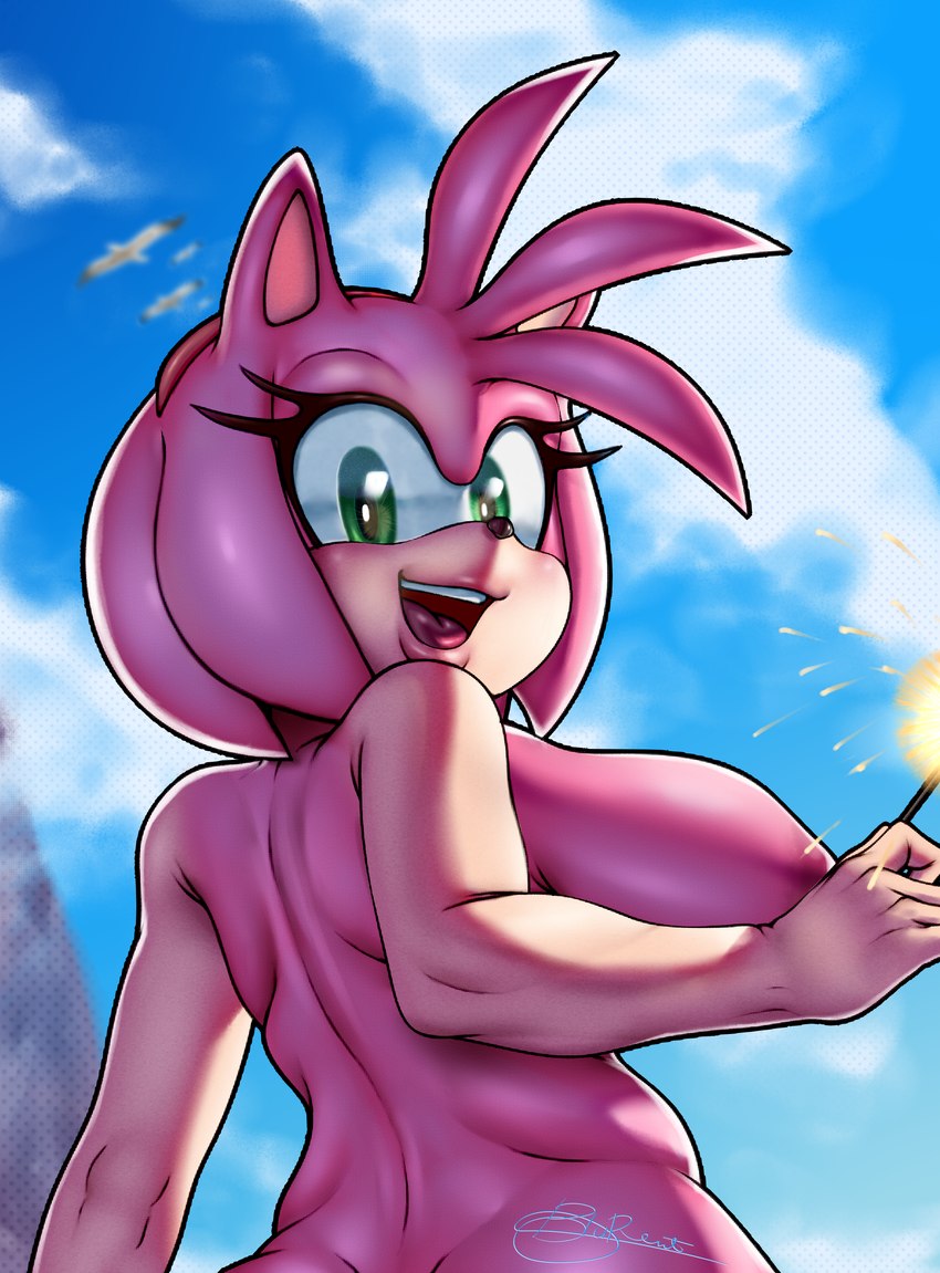 5_fingers anthro areola breasts cloud day female fingers green_eyes looking_at_viewer nipples nude open_mouth open_smile pink_areola smile solo teeth tongue blu_rent sega sonic_the_hedgehog_(series) amy_rose eulipotyphlan hedgehog mammal 2022 absurd_res hi_res signature