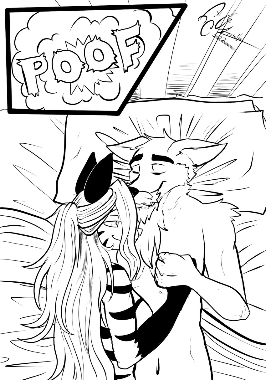 after_sex anthro bed bedroom breasts cuddling duo eyes_closed facial_hair female floppy_ears follow_up furniture gloves_(marking) goatee hair half-closed_eyes hand_holding long_hair lying male male/female markings narrowed_eyes pillow poof smile striped_markings stripes transformation dekaisen einraeslost sprioc canid canine canis domestic_dog felid fox hunting_dog hybrid irish_wolfhound mammal pantherine sighthound tiger werewolfhound black_and_white hi_res monochrome sketch