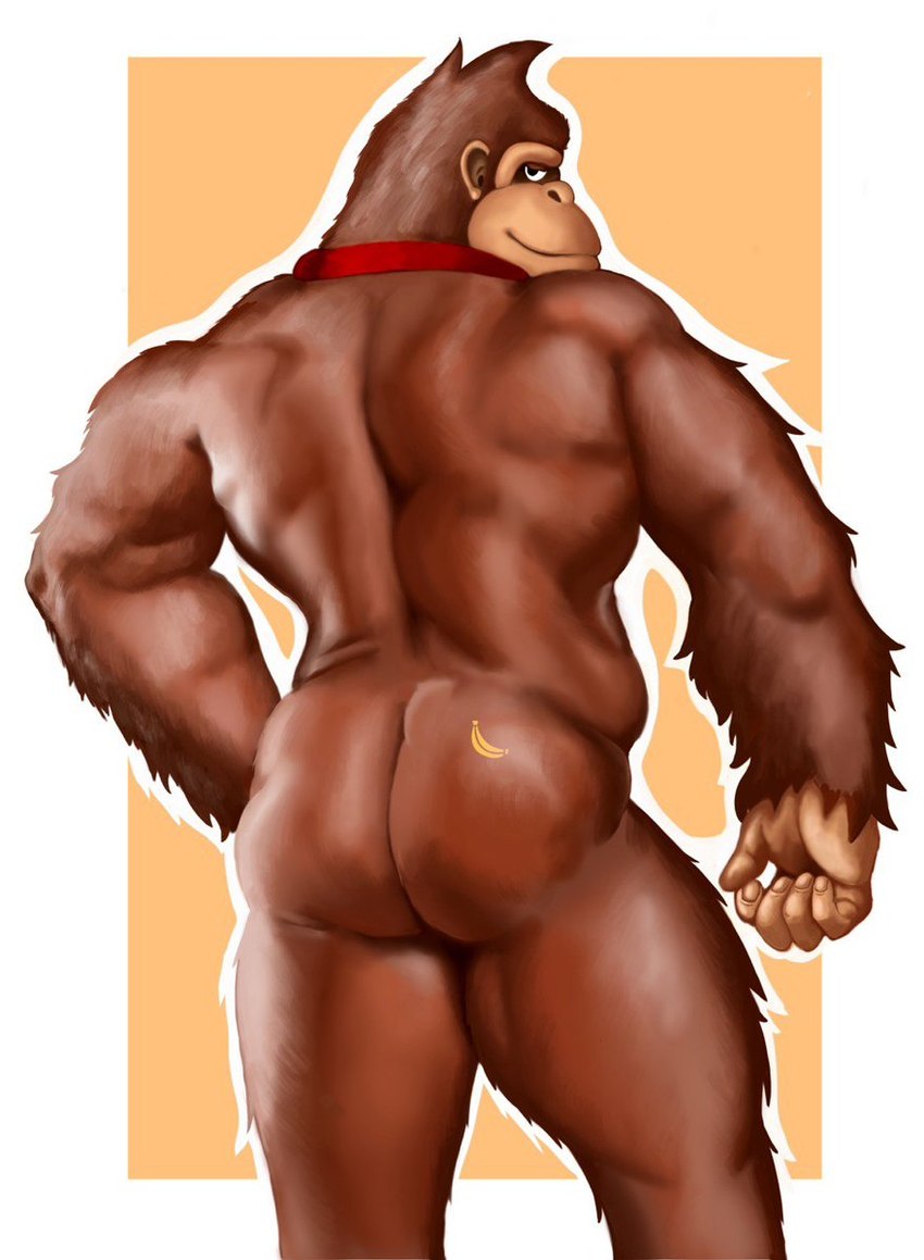 5_fingers anthro back_muscles butt butt_tattoo fingers looking_at_viewer looking_back looking_back_at_viewer male mostly_nude necktie necktie_only rear_view simple_background solo tattoo r-n donkey_kong_(series) nintendo donkey_kong_(character) ape gorilla haplorhine mammal primate