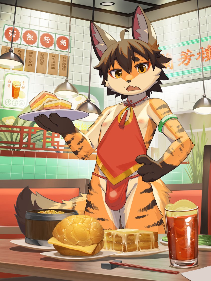 ahoge anthro apron areola arm_markings armband asian_clothing back_markings bangs beverage biped black_nose bottomwear bread brown_body brown_claws brown_ears brown_eyebrows brown_fur brown_hair brown_hands brown_markings brown_stripes brown_tail_tip bulge ceiling chinese_clothing chopsticks claws clothed clothed_anthro clothed_male clothing container countershade_arms countershade_face countershade_fur countershade_legs countershade_tail countershade_torso countershading crotch_lines cup detailed_bulge dipstick_tail drinking_glass dudou dumplings east_asian_clothing eyebrows finger_claws fingers fluffy fluffy_tail food front_view fundoshi fur fur_markings furniture glass glass_container glass_cup gloves_(marking) green_armband hair hair_between_eyes hand_on_hip hand_on_own_hip holding_object holding_plate inner_ear_fluff inside inverted_nipples iris japanese_clothing kemono lamp leg_markings light long_tail looking_at_viewer male male_anthro markings monotone_hair multicolored_body multicolored_fur nipples open_mouth orange_body orange_fur pantsless pantsless_anthro pantsless_male paws pink_areola pink_inner_ear plant plate pose public pupils red_apron red_clothing red_fundoshi red_underwear restaurant sandwich_(food) shirtless shirtless_anthro shirtless_male short_hair skimpy solo standing striped_body striped_fur striped_markings stripes table tail tail_markings tea text tile tile_wall toe_claws topwear tray tuft underwear waiter wall_(structure) white_body white_countershading white_fur white_inner_ear_fluff white_sclera white_tuft yellow_eyes hauhau_mg yeorangyee canid canine felid fox hybrid mammal pantherine tiger 3:4 absurd_res chinese_text hi_res lighting pinup portrait three-quarter_portrait