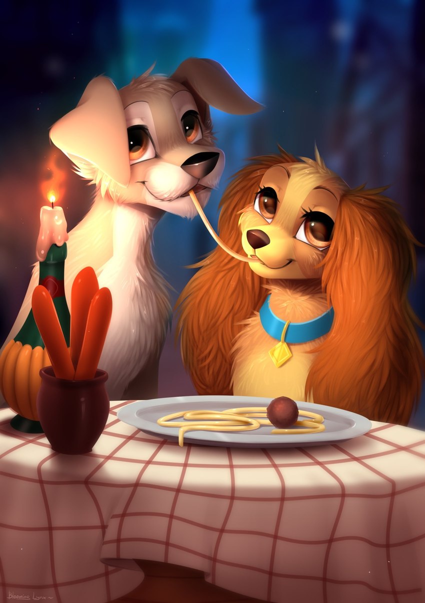 anthro big_ears black_nose blurred_background brown_body brown_eyes brown_fur brown_nose candle dinner duo female floppy_ears food fur glistening glistening_nose grey_body grey_fur male noodles pasta romantic romantic_couple spaghetti tan_body tan_fur white_body white_fur bloominglynx disney lady_and_the_tramp canid canine canis domestic_dog mammal 2022 hi_res