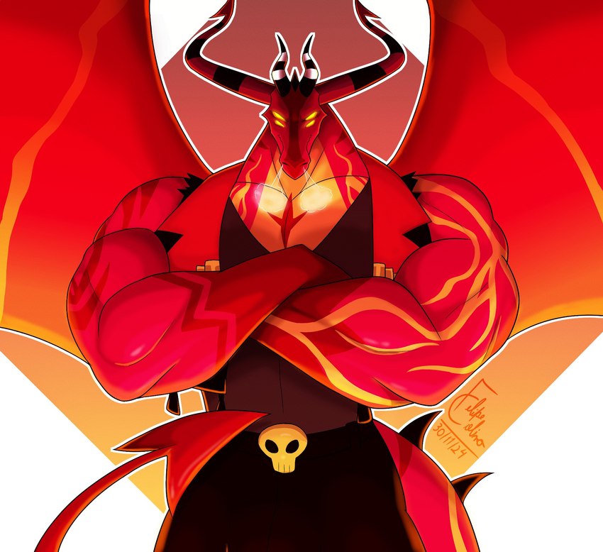 4_eyes angry anthro barazoku belt biceps big_muscles big_pecs big_wings black_horn bone bottomwear clothed clothed_anthro clothed_male clothing crossed_arms earless facial_markings glistening glistening_arms glistening_body glistening_muscles glistening_skin glistening_tail glowing glowing_eyes half-closed_eyes head_markings horn long_tail looking_at_viewer male manly markings multi_eye multicolored_body multicolored_horn multicolored_skin multicolored_tail multicolored_wings muscular muscular_anthro muscular_male narrowed_eyes outline pants pecs pose red_body red_horn red_nose red_skin red_tail red_wings shirt simple_background skull solo spade_tail spiked_tail spikes spikes_(anatomy) spread_wings standing steam tail topwear torn_clothing torn_vest triceps two_tone_body two_tone_skin two_tone_tail white_background white_horn white_outline wings yellow_body yellow_eyes yellow_skin yellow_tail yellow_wings felipecolina101 helluva_boss mythology satan_(helluva_boss) demon demon_dragon dragon mythological_creature mythological_scalie scalie 2024 hi_res signature