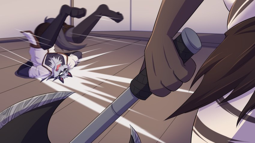 action_pose action_scene anthro duo eyewear glasses male motion_lines pose weapon shirokoi temptations_ballad_(visual_novel) marrow_(temptations_ballad) sidd_(temptations_ballad) badger hyena mammal mustelid musteline striped_hyena hi_res