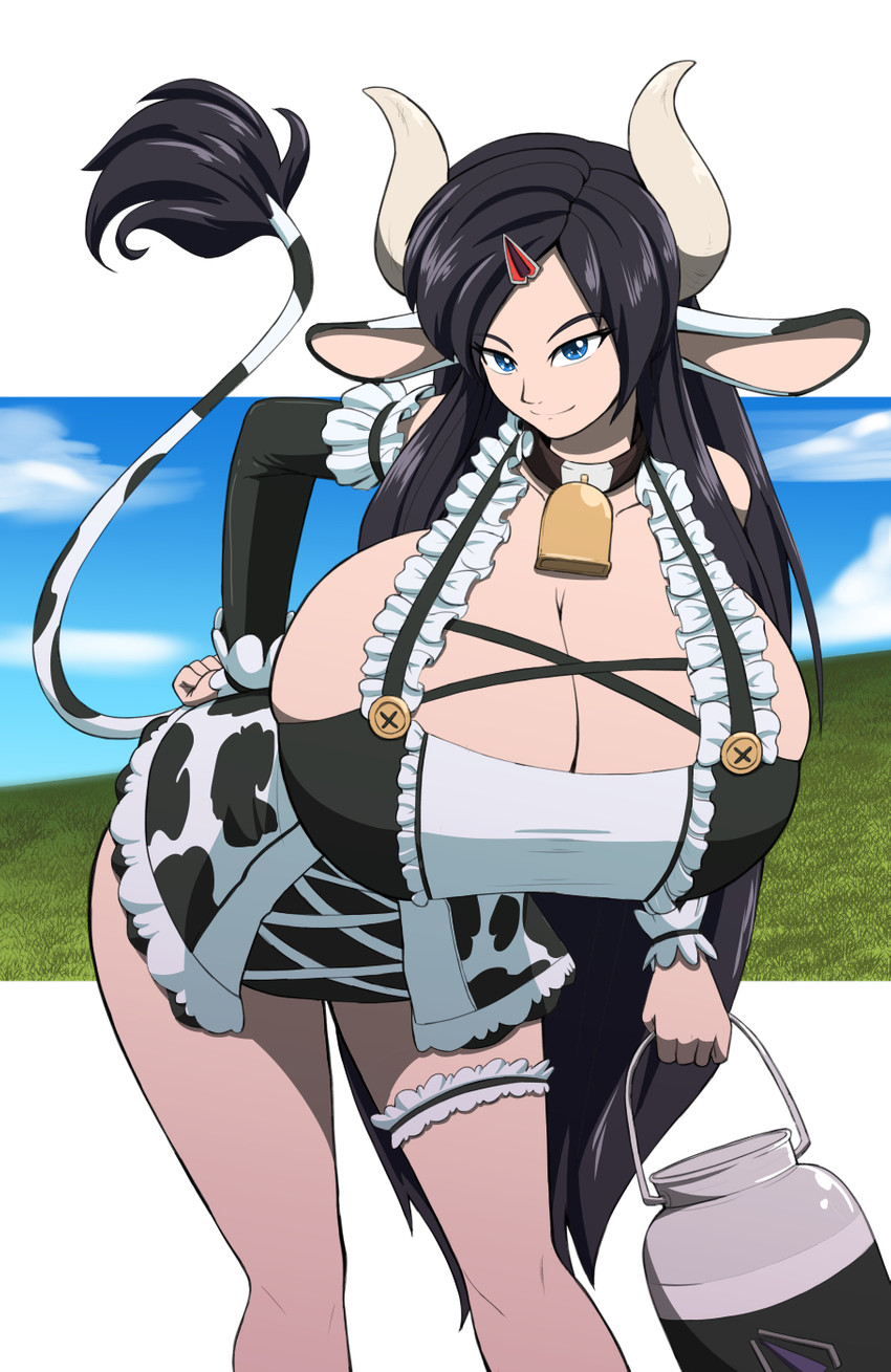 animal_print bent_over big_breasts black_hair blue_eyes breasts cleavage clothed clothing collar cow_print cowbell female hair hand_on_hip holding_object huge_breasts legband raised_tail solo tail thighband kojiro-brushard lessien animal_humanoid bovid bovid_humanoid bovine bovine_humanoid humanoid mammal mammal_humanoid hi_res