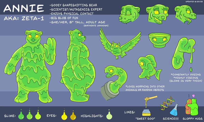 amorphous anthro dripping female goo-connected_lips goo_drip scientist slime solo text wastelander_drex annie_(zeta-1) bear goo_creature mammal slime_(blob) english_text hi_res model_sheet