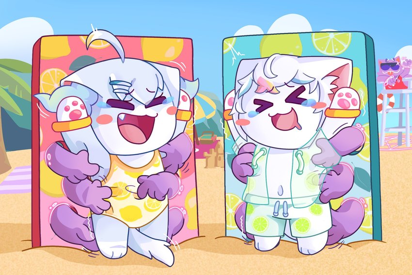 beach clothing duo female gameshow punishment seaside swimwear tickle_torture tickling torture dollytraiter07 dnaxcat domestic_cat felid feline felis mammal 3:2 hi_res