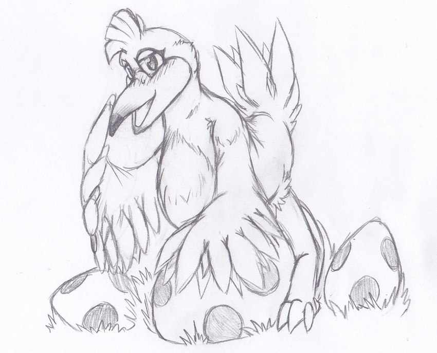 anthro beak blush egg feathers female grass open_mouth plant solo spotted_egg wings kitsune_youkai banjo-kazooie rareware kazooie avian breegull 2016 monochrome