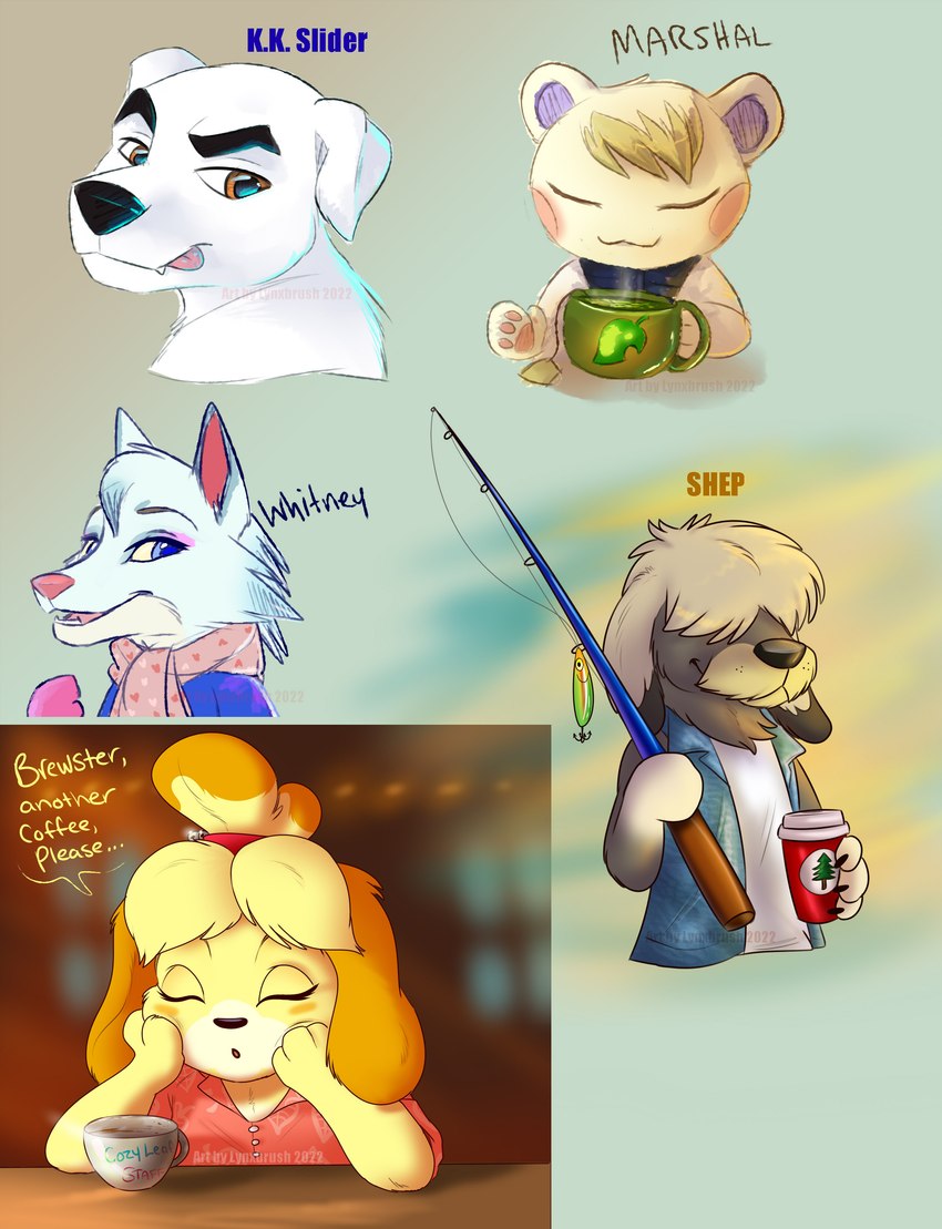 anthro beverage coffee coffee_cup coffee_mug coffee_shop container cup eyes_closed female fish_hook fishing_rod fur group hook male male/female scarf tea tongue tongue_out white_body white_fur winter_coat conditional_dnp lynxbrush animal_crossing nintendo isabelle_(animal_crossing) k.k._slider marshal_(animal_crossing) shep_(animal_crossing) whitney_(animal_crossing) canid canine canis domestic_dog mammal rodent sciurid shih_tzu toy_dog tree_squirrel wolf absurd_res hi_res sketch sketch_page