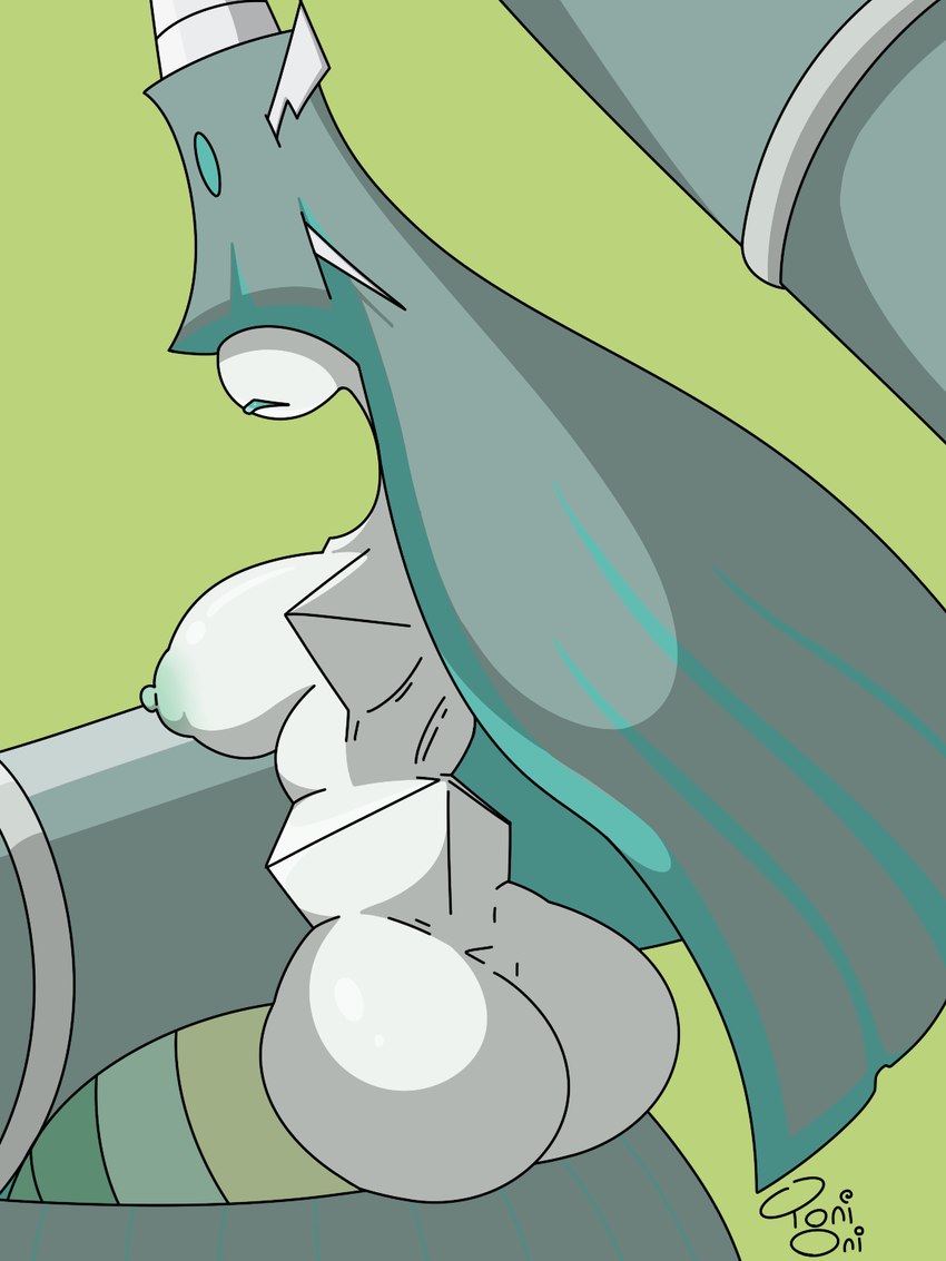 antennae_(anatomy) areola armless big_breasts big_butt blue_highlights breasts butt female green_areola green_background green_body green_lips grey_hair hair hair_over_eyes highlights_(coloring) lips long_hair machine nipples rear_view simple_background sitting solo toni_oni nintendo pokemon celesteela generation_7_pokemon humanoid pokemon_(species) robot ultra_beast 3:4 hi_res