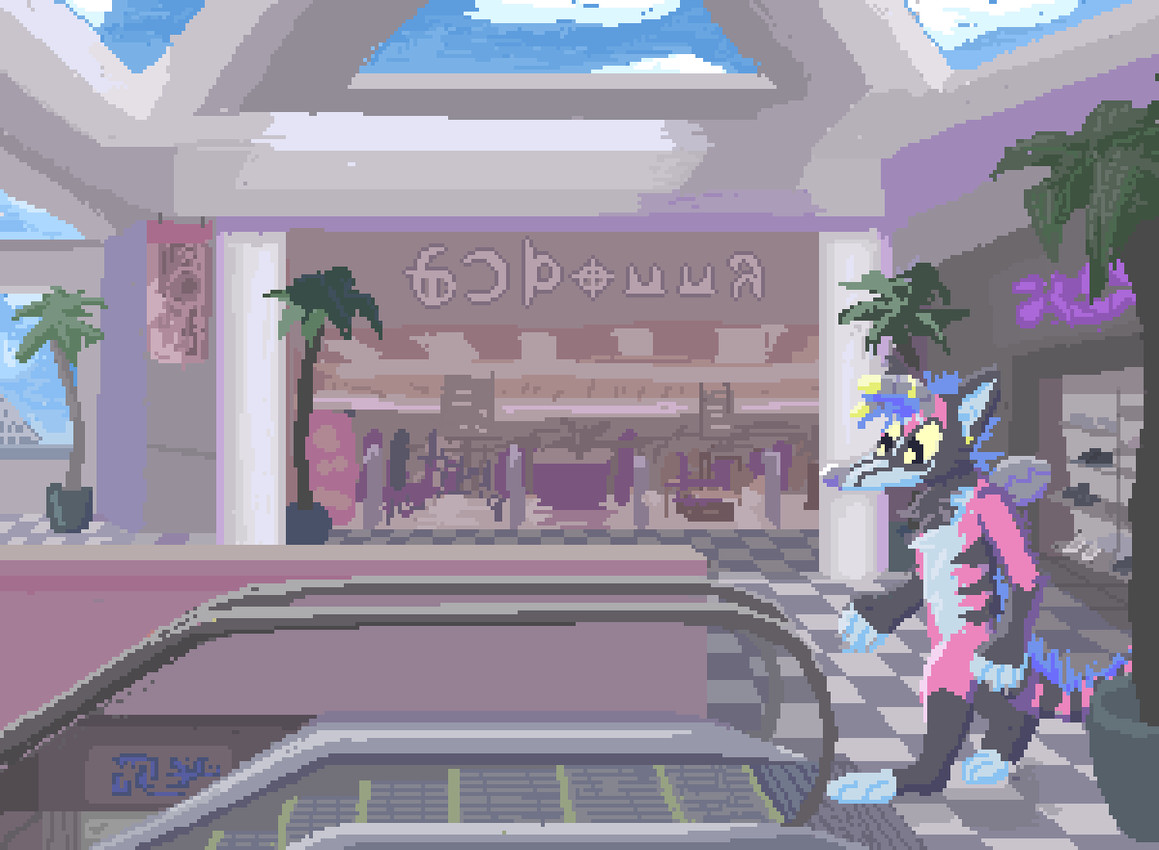 ambiguous_gender anthro blue_body blue_fur blue_sky brown_body brown_fur detailed_background fur inside multicolored_body multicolored_fur pink_body pink_fur plant plant_pot potted_plant sky solo supermarket demensa unknown_species 2020 digital_media_(artwork) pixel_(artwork)