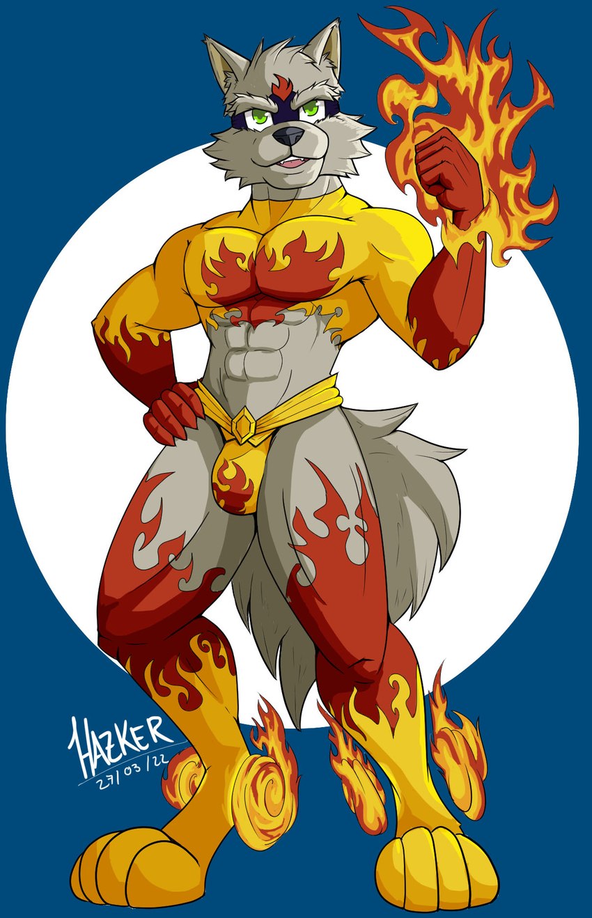 abs anthro bulge clothing fire fur green_eyes grey_body grey_fur male mask simple_background solo superhero underwear hazker canid canine canis domestic_dog mammal hi_res