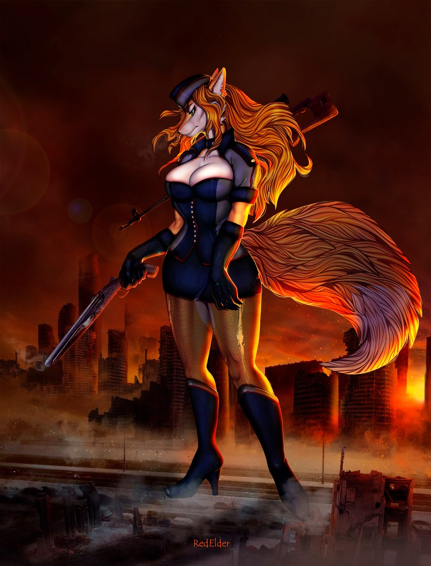 anthro apocalypse building city city_destruction clothing destroyed_building destruction female fur gun holding_gun holding_object holding_ranged_weapon holding_weapon macro post-apocalyptic ranged_weapon solo uniform weapon redelder canid canine fox mammal absurd_res hi_res