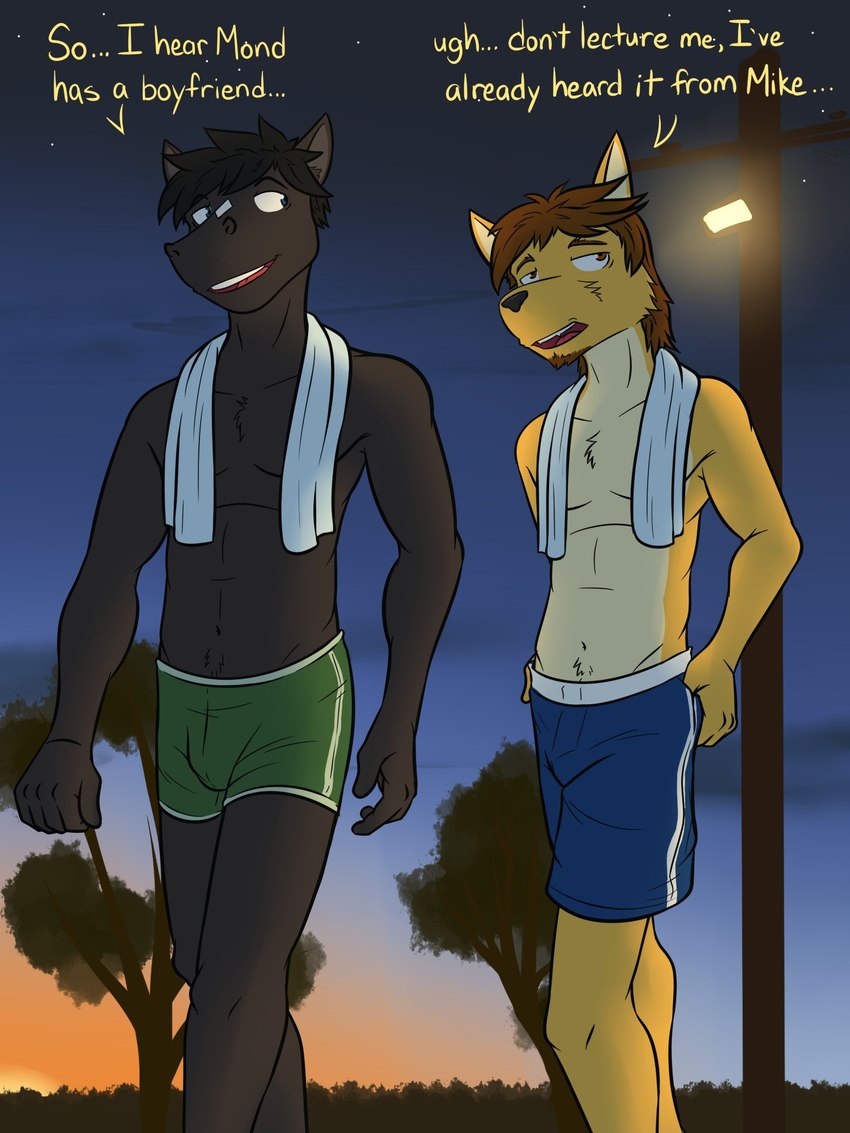 anthro clothed clothing dialogue duo facial_hair goatee male sunset swimming_trunks swimwear text topless towel towel_around_neck fuze texnatsu rod_reyes sam_jackson canid canine canis coyote equid equine horse mammal 3:4 english_text hi_res