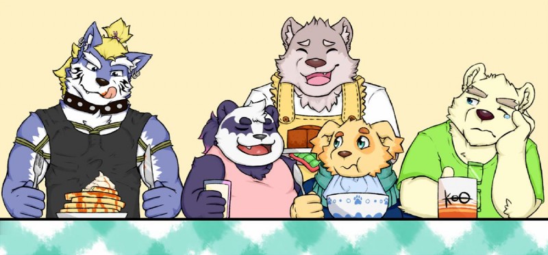 anthro apron blue_body blue_fur clothing cute_fangs eating eyes_closed eyewear fangs fur glasses group humanoid_hands kemono male milk purple_body purple_fur rope scarf shirt slightly_chubby teeth tired tongue tongue_out topwear white_body white_fur iudexkoo judicatorkoo lifewonders tokyo_afterschool_summoners alp_(tas) cu_sith_(tas) fenrir_(tas) jambavan_(tas) leib_(tas) bear canid canine canis domestic_dog giant_panda mammal polar_bear ursine wolf 2019