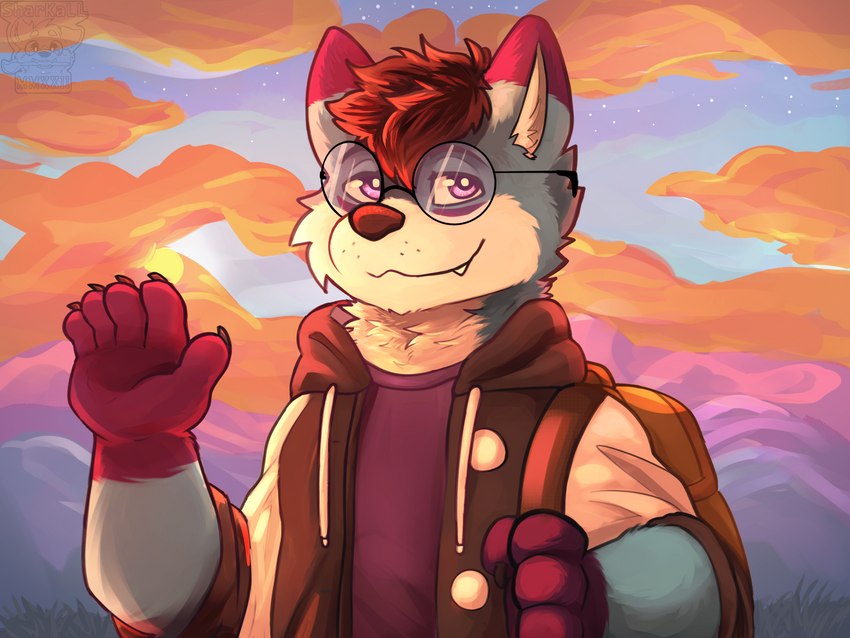 5_fingers afternoon anthro backpack bag blue_body blue_fur claws clothed clothing cookie detailed_background eyewear fingers food fur glasses hair inner_ear_fluff jacket light male multicolored_body multicolored_fur purple_eyes red_body red_fur shirt smile snaggle_tooth solo sun sunlight sunset t-shirt topwear tuft white_body white_fur white_inner_ear_fluff sharkall cookie_(nick-sona) canid canine canis mammal wolf 2022 4:3 absurd_res hi_res lighting shaded