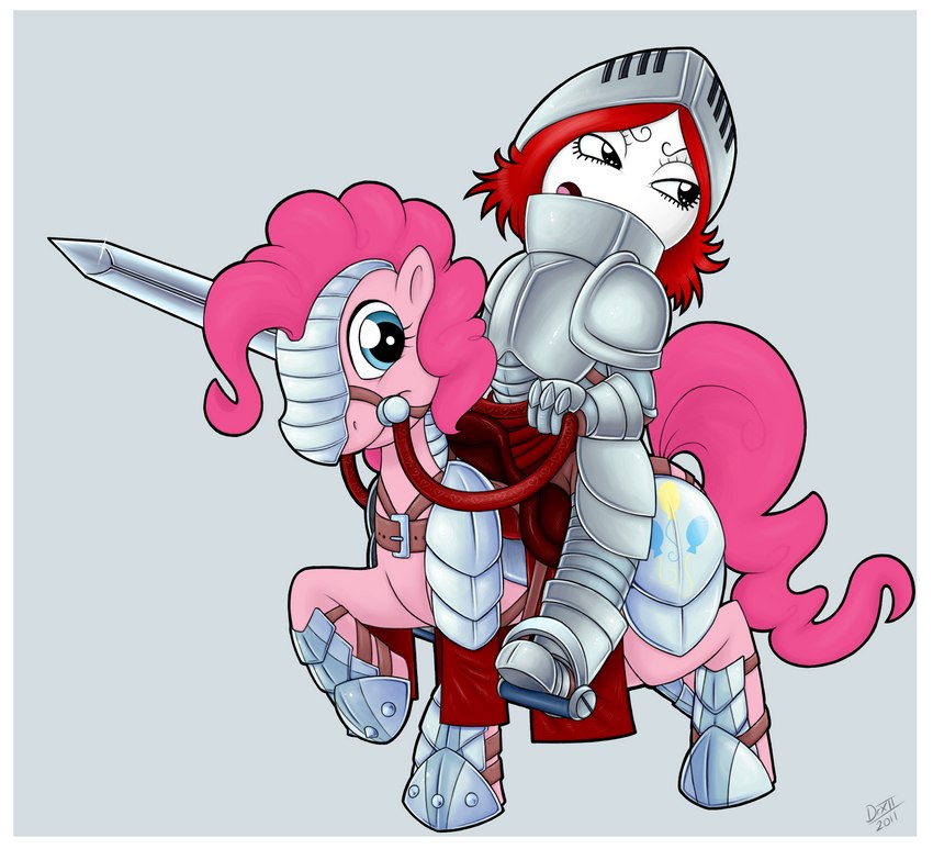 alternative_fashion armor blue_eyes border duo female feral fur goth hair knight melee_weapon pink_body pink_fur pink_hair riding straddling sword warrior weapon white_border drxii friendship_is_magic hasbro my_little_pony ruby_gloom_(series) pinkie_pie_(mlp) ruby_gloom earth_pony equid equine horse human mammal pony 2011 crossover digital_media_(artwork) hi_res